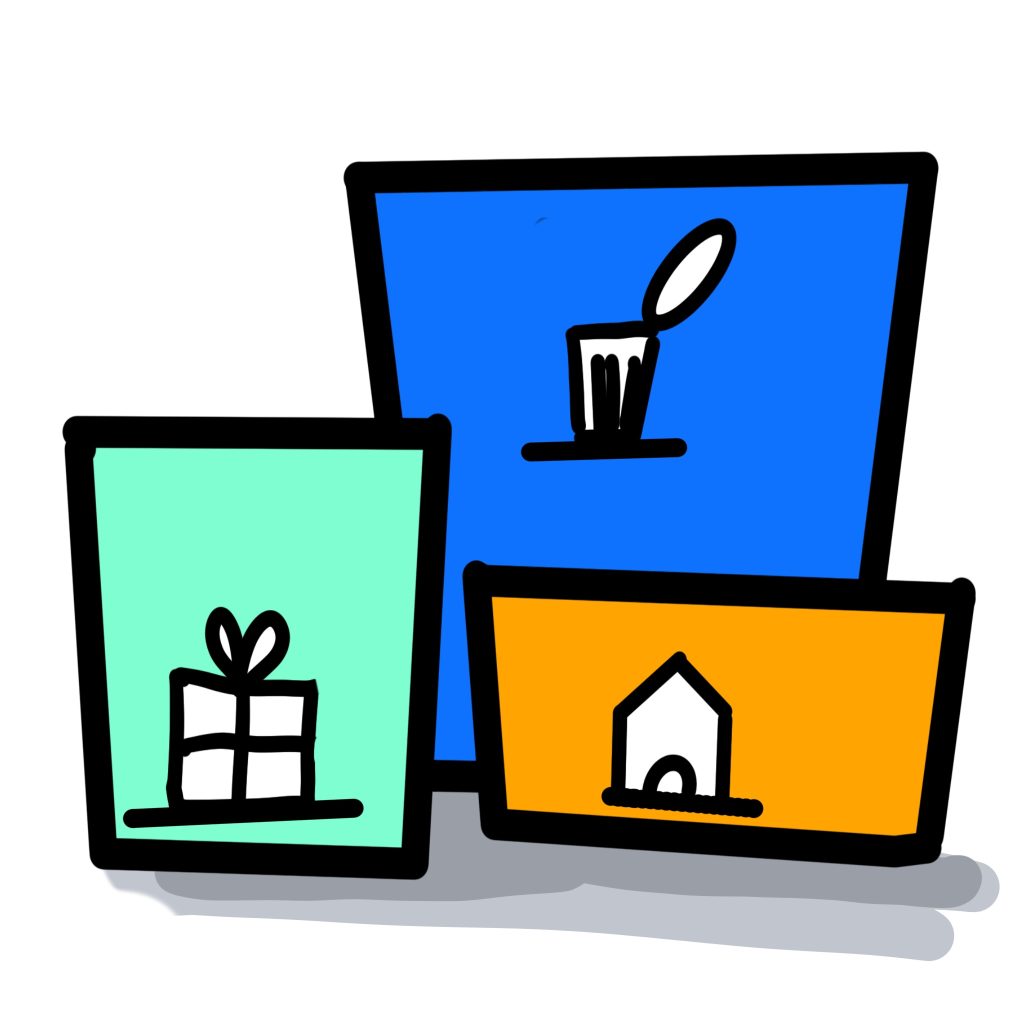 ein grüner, blauer und oranger Behälter mit Applikationen Geschenk, Mülltonne und Haus