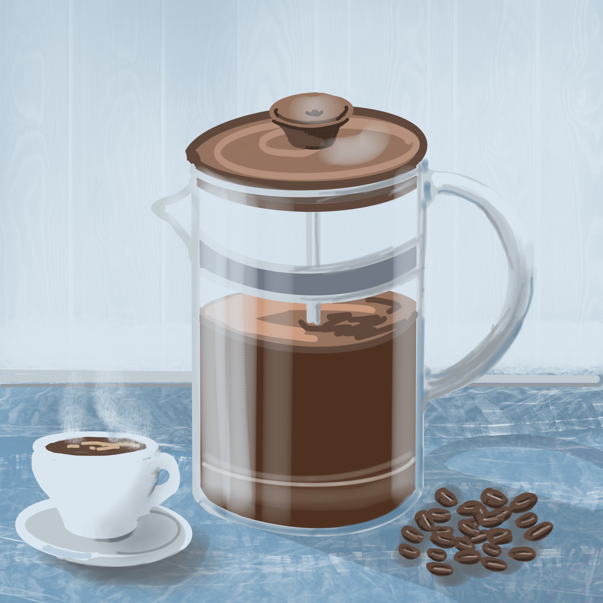 Illustration einer French Press - Glaskanne. Daneben steht eine weisse Kaffeetasse auf einem Unterteller