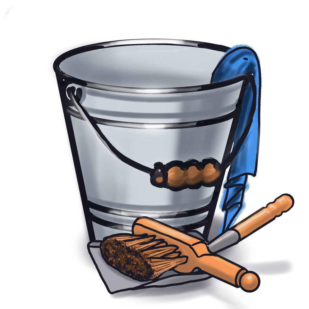 Blecheimer mit Wischlappen, davor liegt Kehrblech und Handfeger
