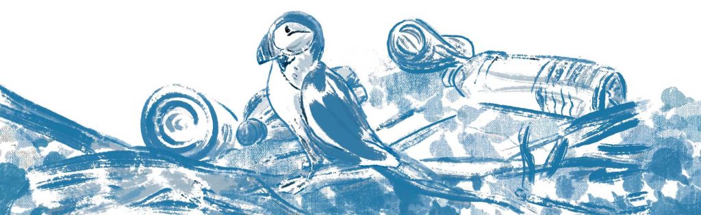 blaufarbige Illustration von einem Papageientaucher im Plastikmüll