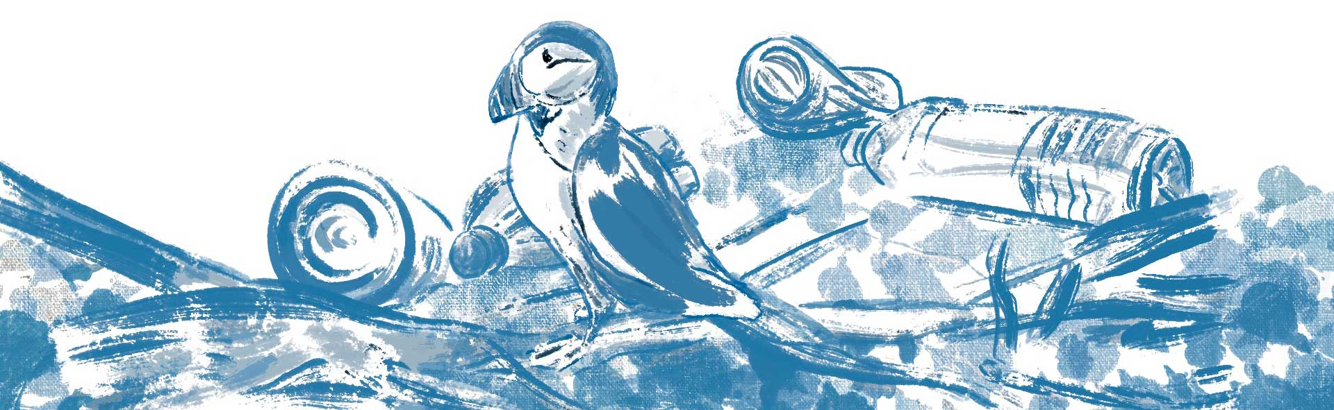 blaufarbige Illustration von einem Papageientaucher im Plastikmüll